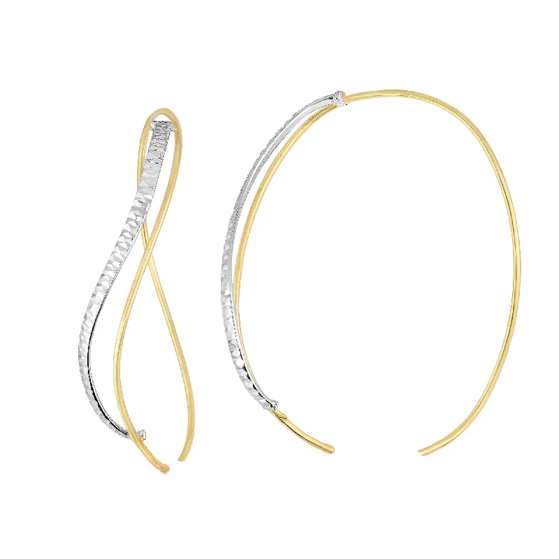 statement gemstone earrings for women-14k Yellow And White Gold Diamond Cut Single Tube Into Double Oval Hoop Earrings