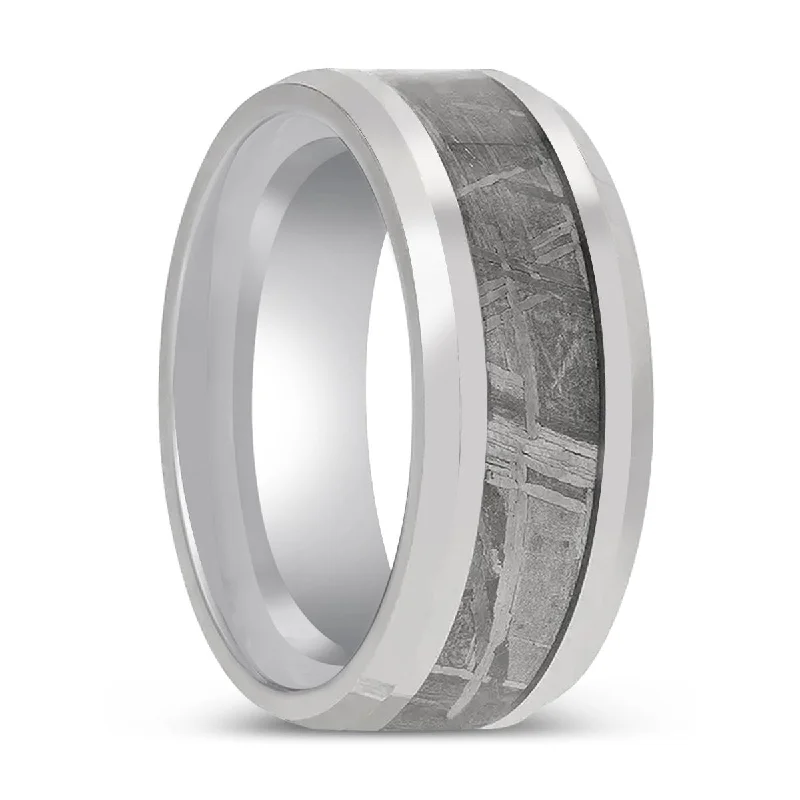 trendy engagement rings for women-CLESTIAL | Tungsten Ring, Meteorite Inlay Ring, Beveled Edges