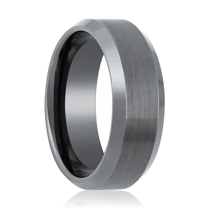 unique wedding engagement rings for women-AXINGTON | Gun Metal Tungsten Ring, Brushed, Beveled Edge