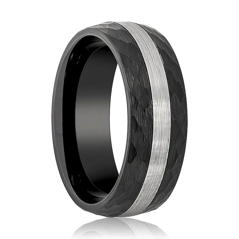 elegant engagement rings with diamonds for women-Men's Black Hammered Tungsten Wedding Band with Silver Brushed Stripe Center Domed Edges