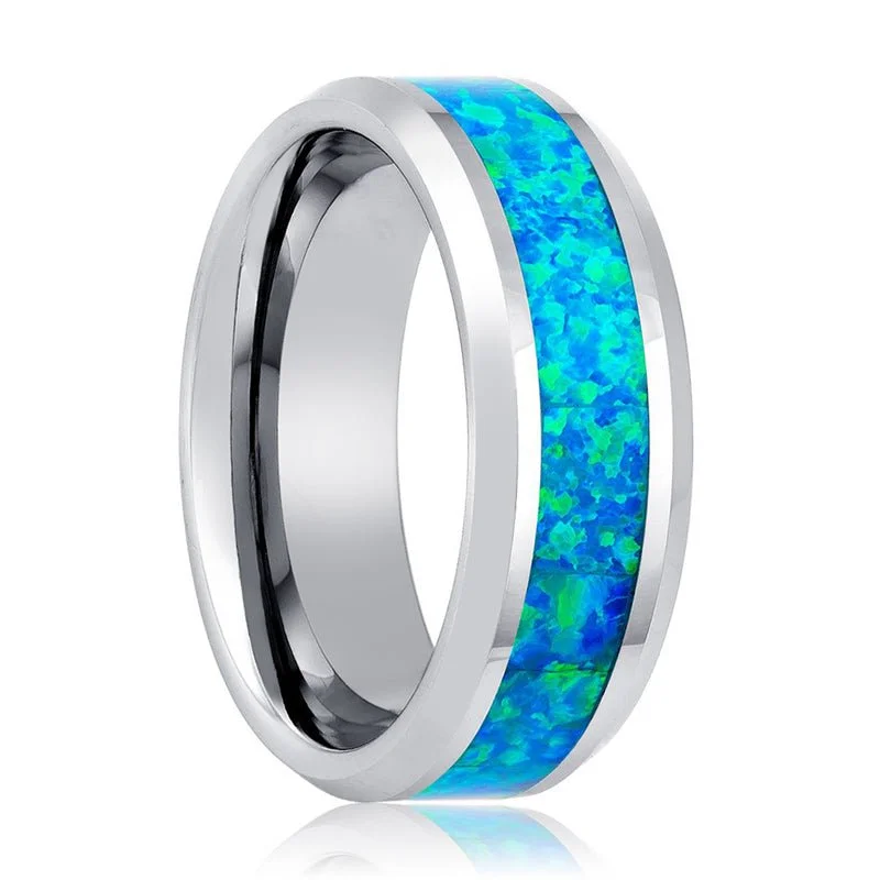 luxury custom engagement rings for women-GLEAMING | Tungsten Ring Synthetic Opal Inlay