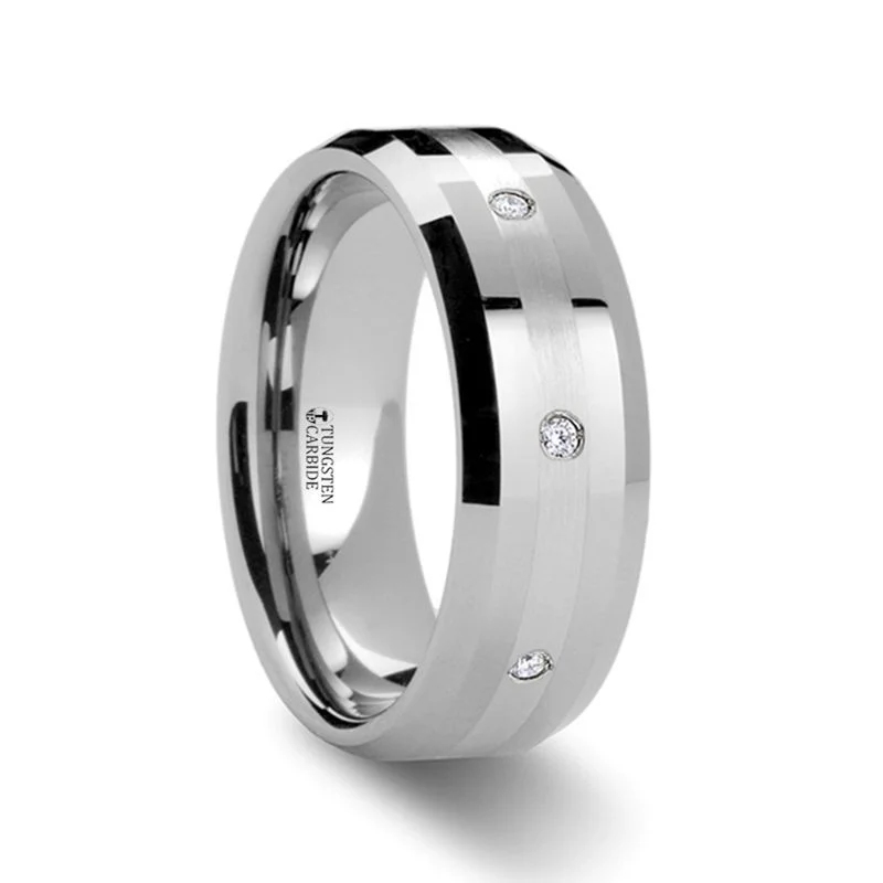 engagement rings with pearl accents for women-NEWPORT | Diamond Tungsten Ring with Platinum Inlay