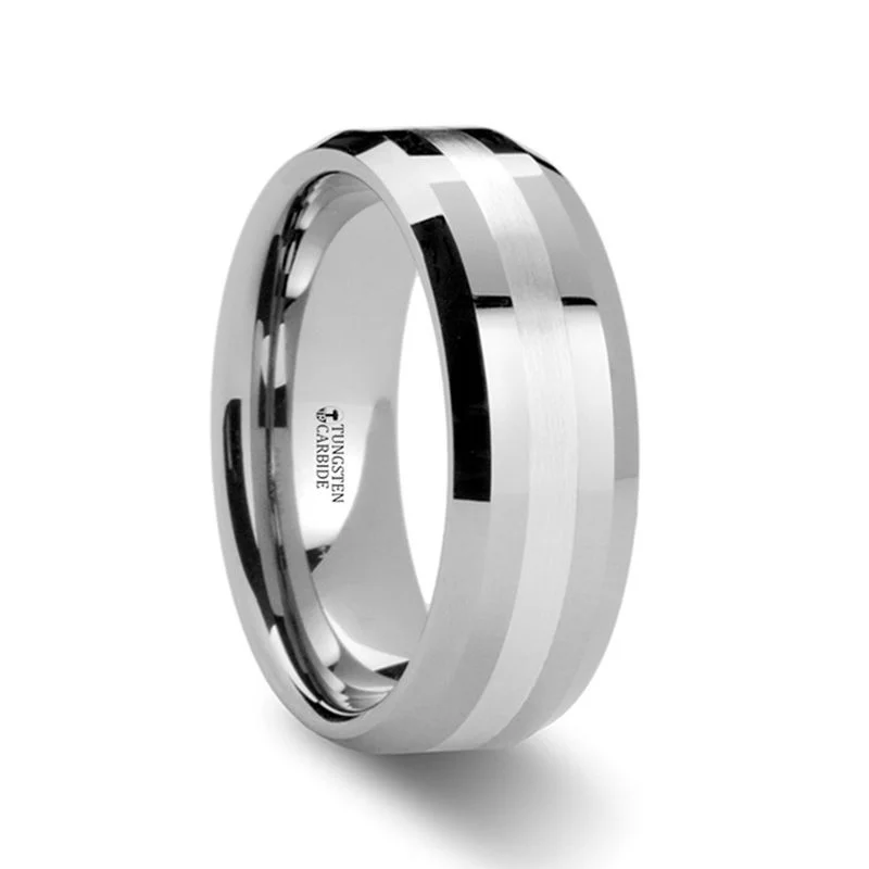 gold engagement rings for women-BENEDICT | Silver Tungsten Ring, Palladium Inlay, Beveled