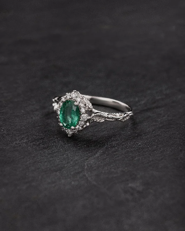 Natural emerald engagement ring, vine and leaf proposal ring with diamond halo / Florentina