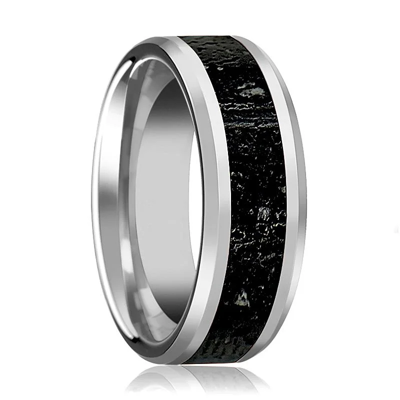 sparkling engagement rings for women-KILAUEA | Tungsten Ring, Lava Rock Stone Inlay, Beveled