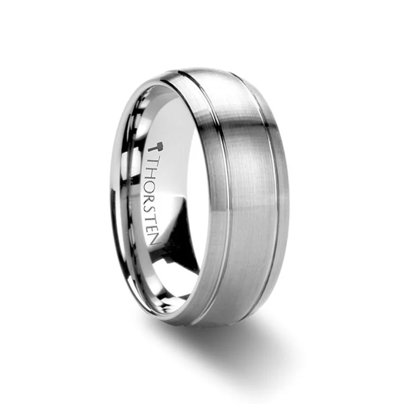 wedding engagement rings for women-MAGNUS | Silver Tungsten Ring, Dual Grooves, Brushed