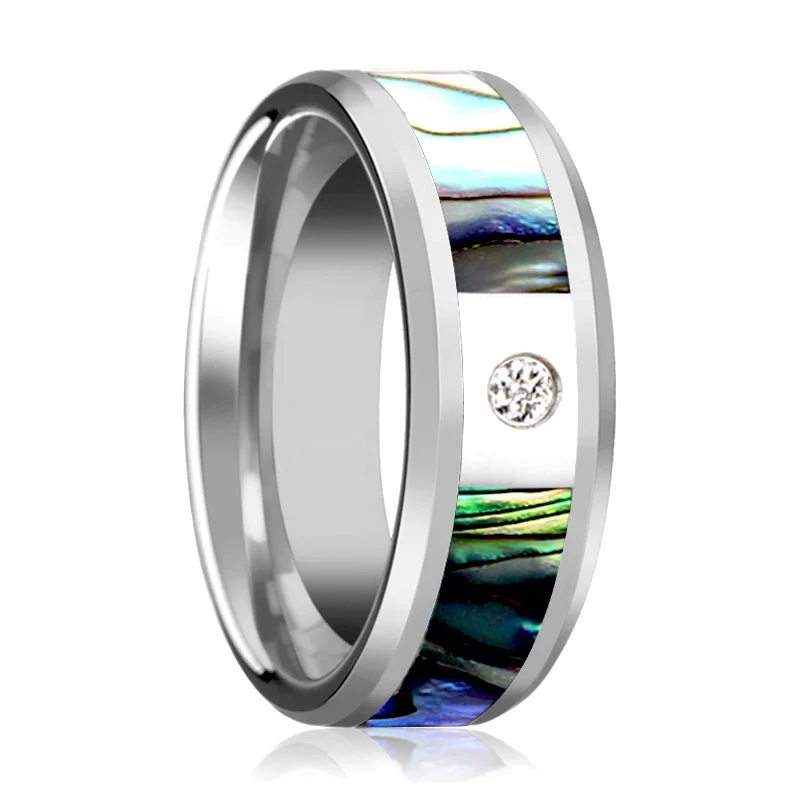 luxury custom engagement rings for women-HONOLULU | Tungsten Ring, Mother of Pearl Inlay, Diamond, Beveled