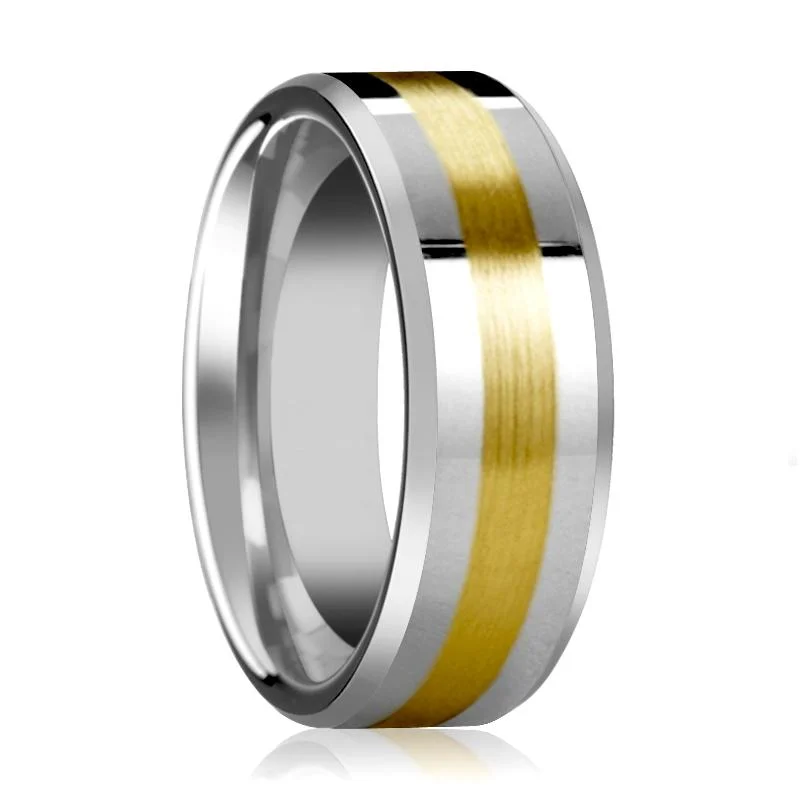 luxurious diamond engagement rings for women-LEGIONAIRE | Silver Tungsten Ring, 14k Yellow Gold Stripe Inlay, Beveled