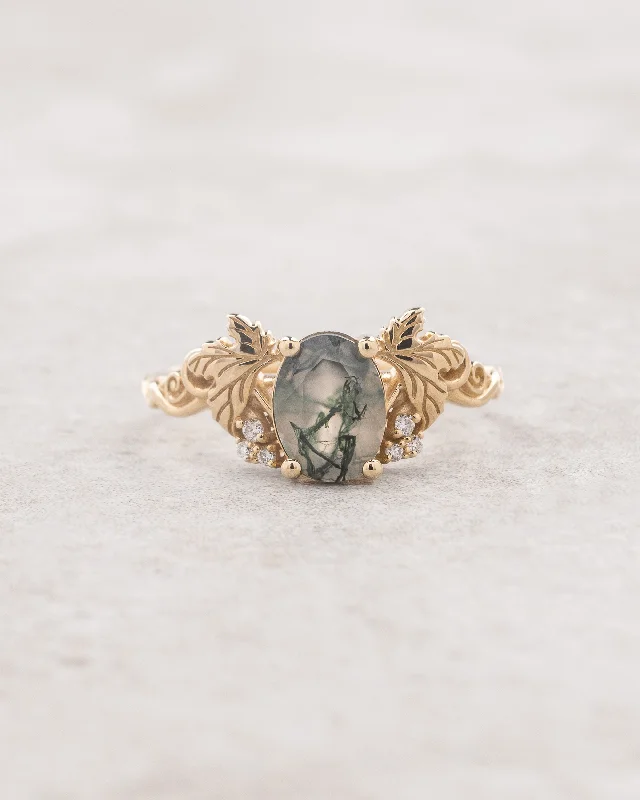 Moss agate and diamonds engagement ring, gold leaf and vine engagement ring / Vineyard