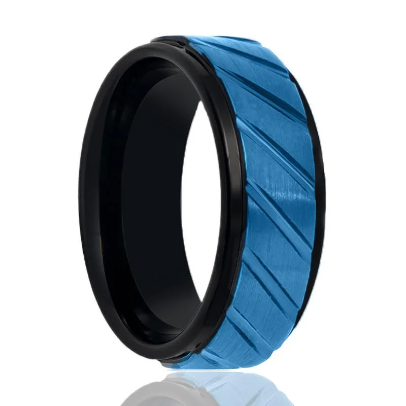 emerald cut engagement rings for women-OBERON | Black Tungsten Ring, Blue Diagonal Grooves, Stepped Edge