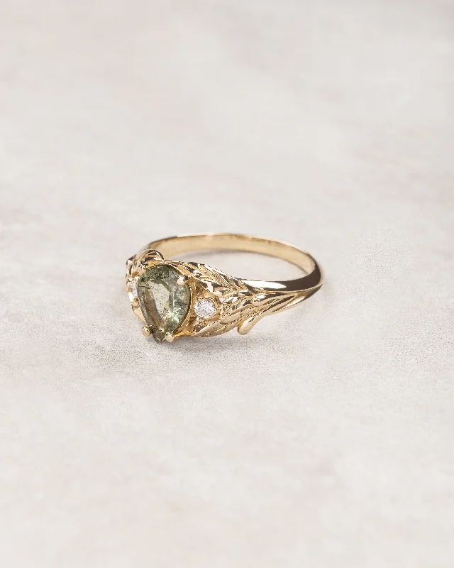 Gold leaf ring with one-of-kind rutilated green peridot and diamonds / Wisteria