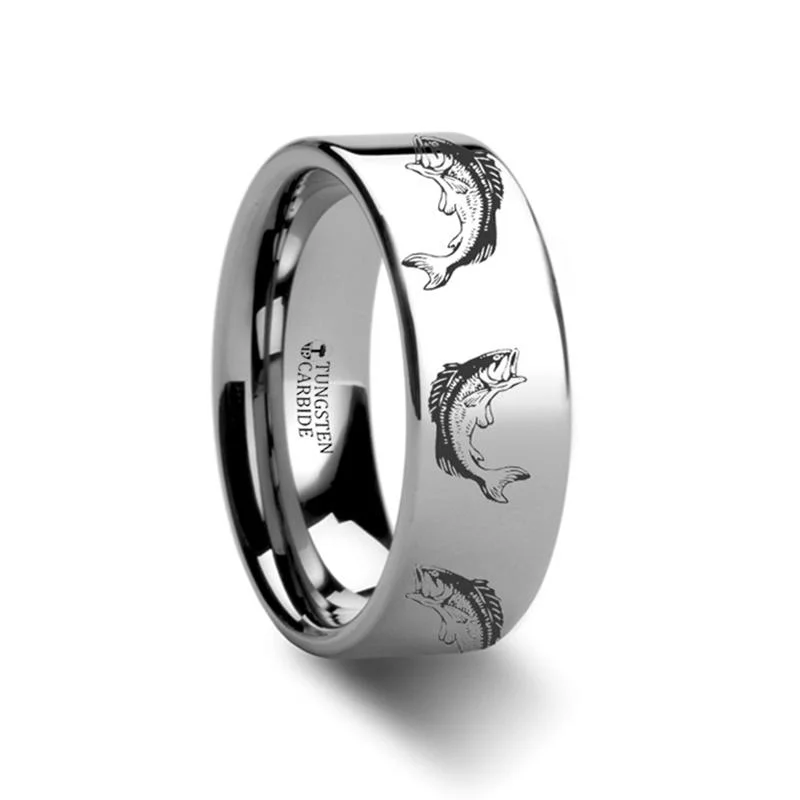 stylish engagement rings for women-Bass Fish Jumping Sea Pattern Print Engraved Flat Couple Matching Wedding Ring - 4MM - 12MM