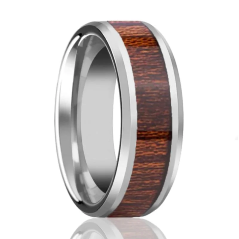 halo engagement rings for women-MYTHIC | Silver Tungsten Ring, Koa Wood Inlay, Beveled Edge