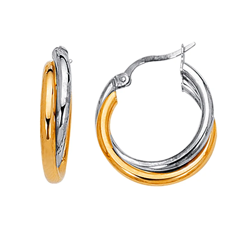 unique hoop earrings for women-14K Yellow And White Gold Two Tone Double Hoop Earrings, Diameter 24mm