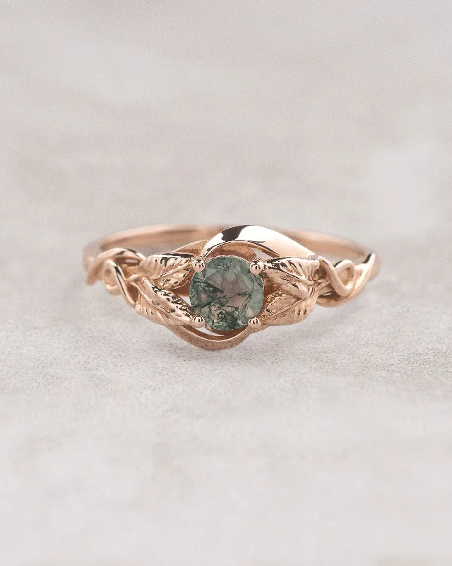 Gold elvish engagement ring with unique moss agate / Azalea