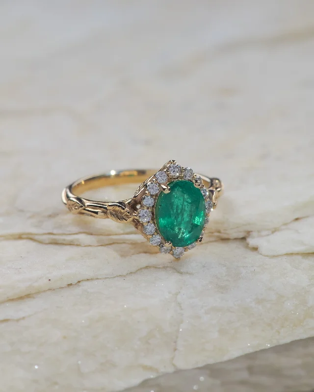 Genuine emerald engagement ring with leaf motifs and diamond halo / Florentina