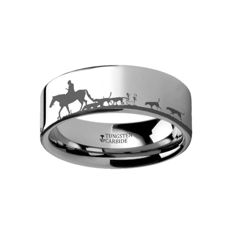 classic halo engagement rings for women-Laser Engraved Fox Hunt Hunting Design Flat Tungsten Carbide Couple Matching Ring - 4MM - 12MM