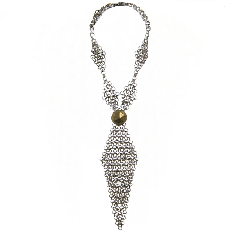 pearl necklaces for women-#810n Silver & Gold Tone Chain Mail Neck Tie Necklace With Brass Button