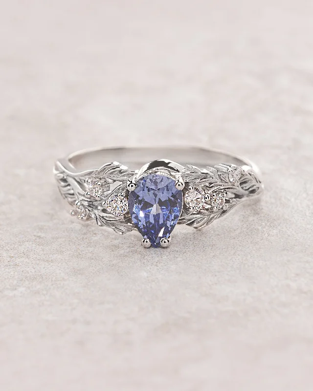 Sophisticated engagement ring with light blue lab sapphire and accent diamonds / Japanese Maple