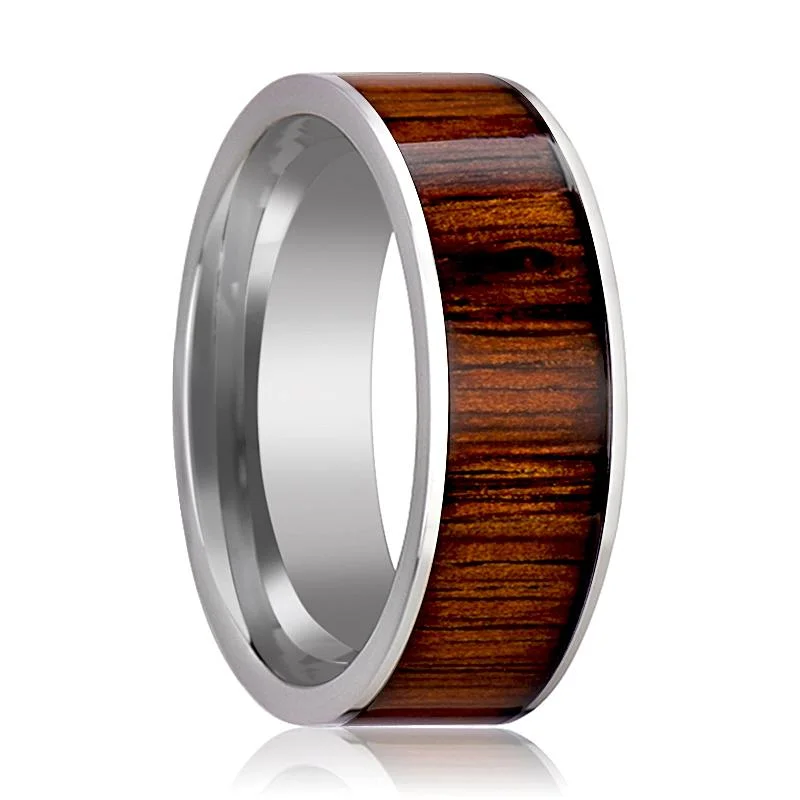 luxury engagement rings with diamonds for women-KALANI | Silver Tungsten Ring, Rare Koa Wood Inlay, Flat