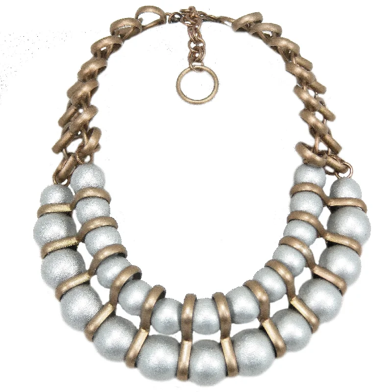 meaningful necklaces for women-#136n Silver Lacquered Wood Bead & Gold Tone Chain Necklace