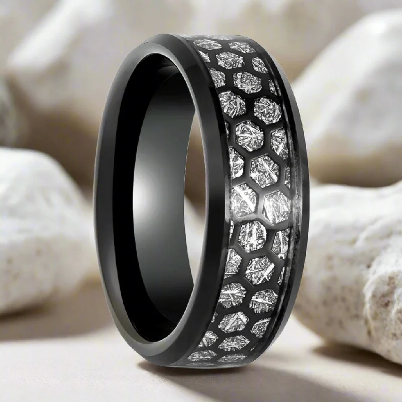 gemstone diamond engagement rings for women-NIKNAM | Black Tungsten Ring, Honecomb Meteorite Inlay, Beveled