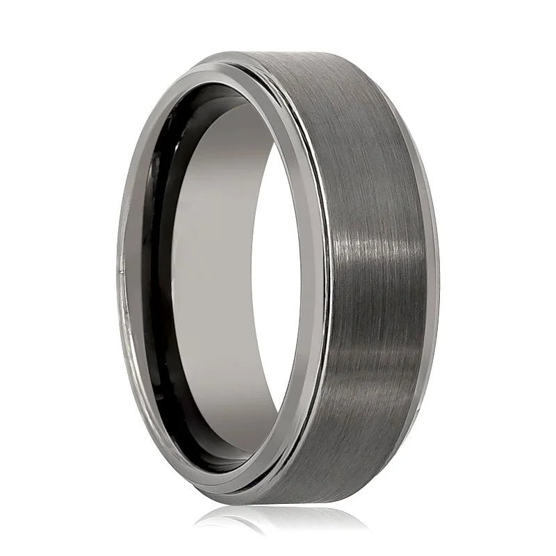 unique engagement rings for women-BOUNCER | Gun Metal Tungsten Ring, Brushed, Stepped Edge