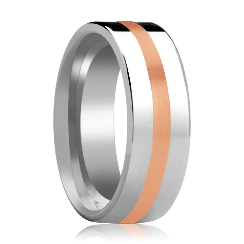 elegant solitaire engagement rings for women-CERBERUS | Silver Tungsten Ring, 14k Rose Gold Stripe, Flat