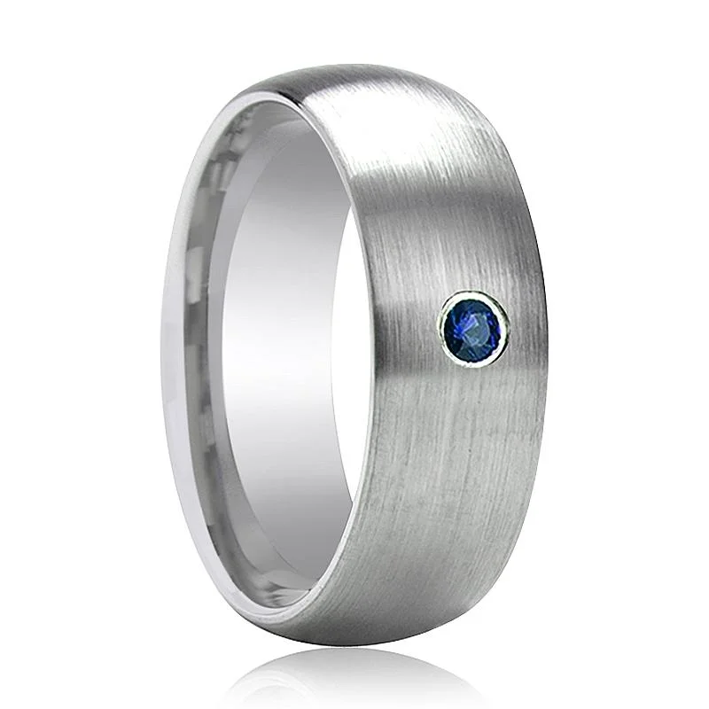 stackable engagement rings for women-MELANTHIOS | Silver Tungsten Ring, Blue Diamond, Domed