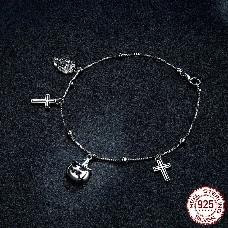 silver bangles with pearls for women-Halloween ‌‌Skeleton Cross Pumpkin Sterling Silver Bracelet