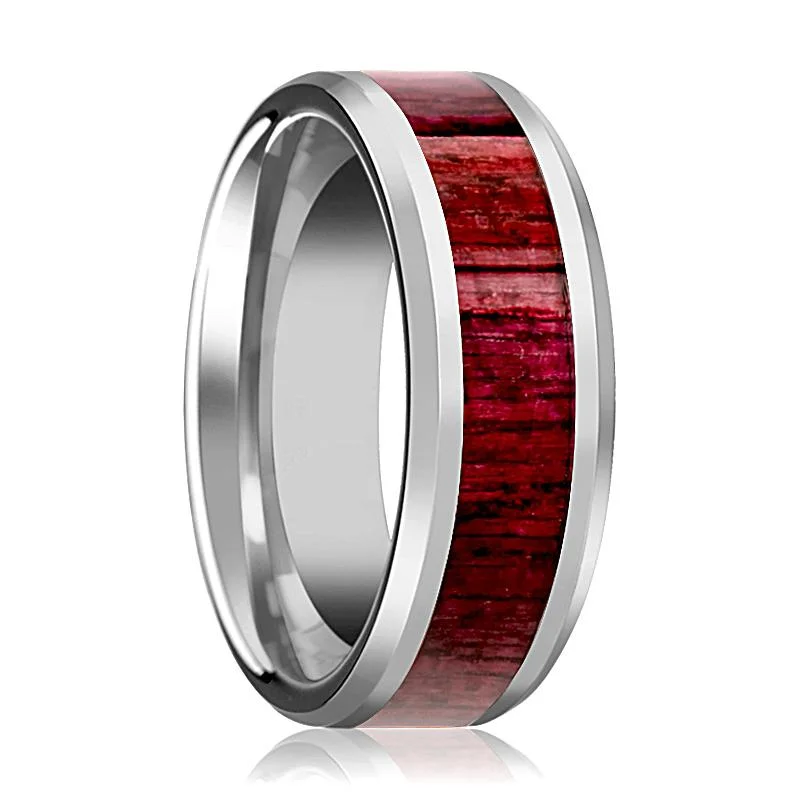 affordable custom engagement rings for women-MAUVE | Silver Tungsten Ring, Purple Heart Wood Inlay, Beveled