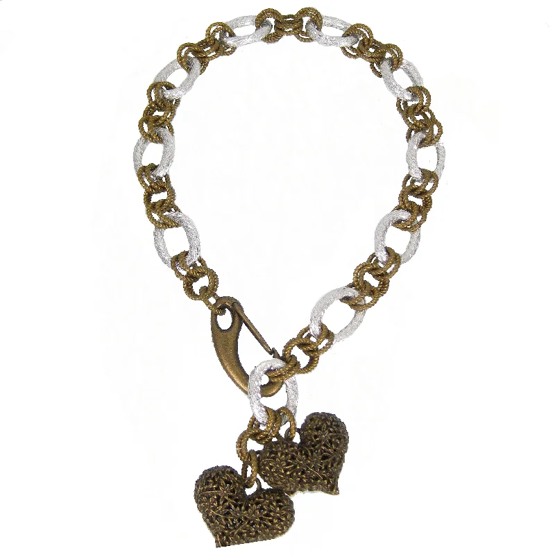 gold bar necklaces for women-#150n Old Gold & Silver Tone Chain Link Necklace with Filigree Hearts