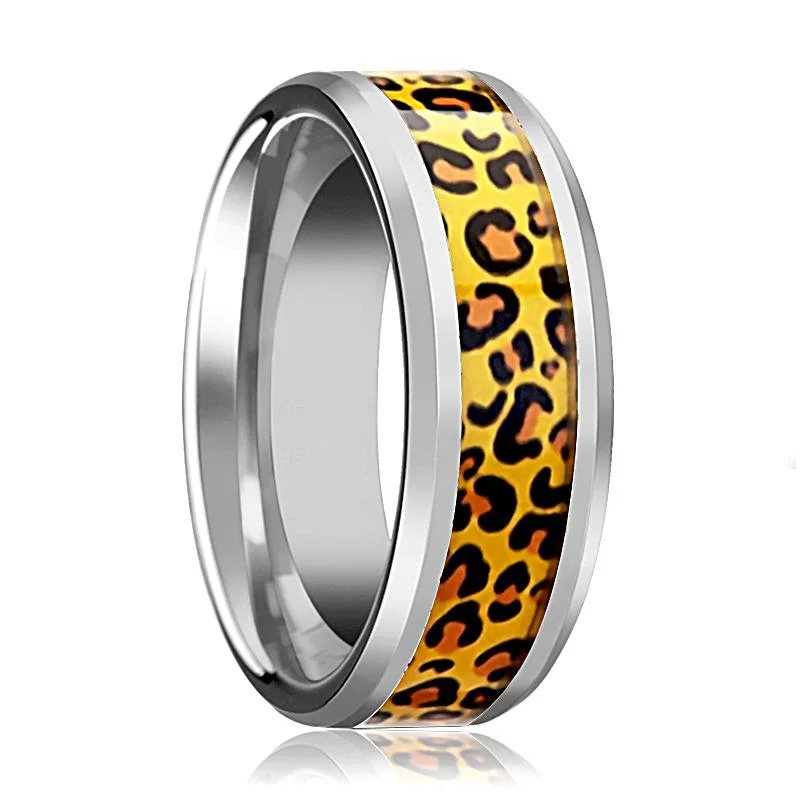 stackable engagement rings for women-Men's Tungsten Wedding Band with Cheetah Print Animal Design Inlay and Bevels - 6MM - 8MM