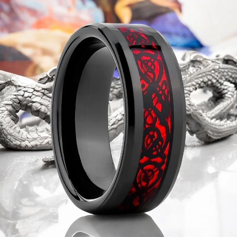 princess cut engagement rings for women-FIREFORGE | Black Tungsten Ring, Red Celtic Dragon Inlay, Beveled