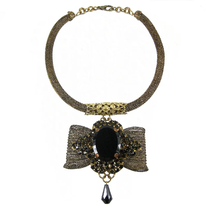 floral necklaces for women-#1059n Old Gold Mesh Rope Choker With Jet Embellished Bow Pendant