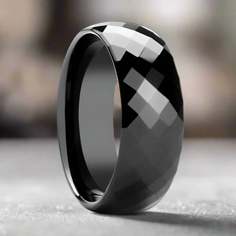 hand-crafted engagement rings for women-AEON | Black Tungsten Ring, Diamond Faceted, Domed