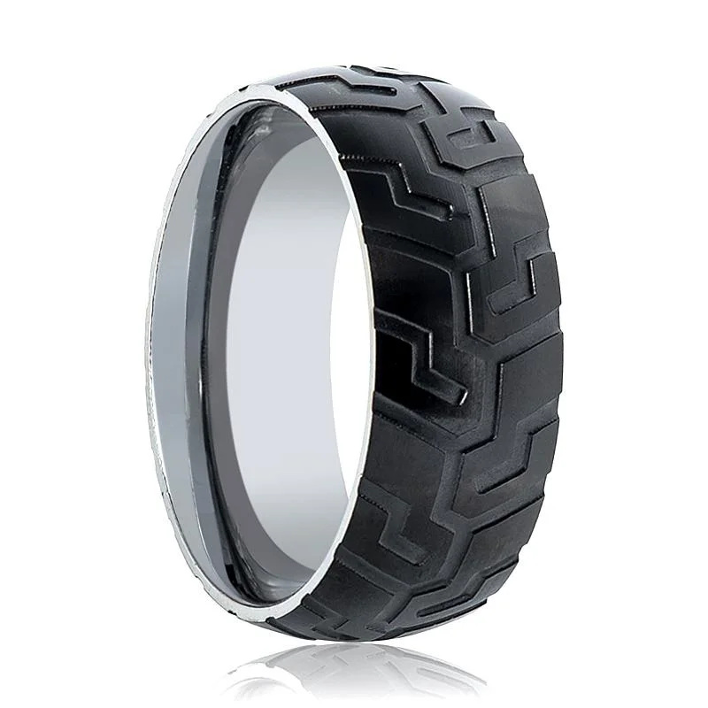 designer engagement rings for women-SLAYER | Silver Tungsten Ring, Tire Tread Pattern, Domed