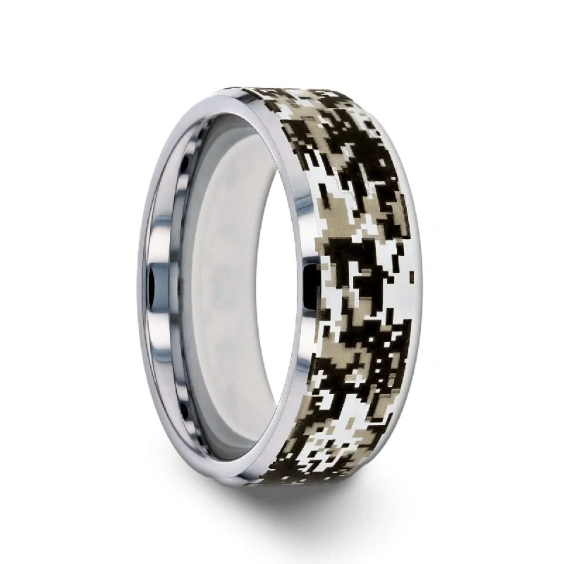 unique gemstone engagement rings for women-STEALTH | Tungsten Ring Engraved Digital Camouflage