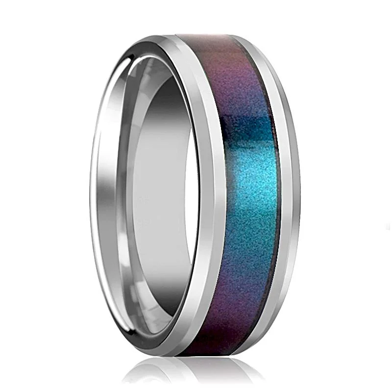 modern round engagement rings for women-STINGRAY | Silver Tungsten Ring, Blue Purple Color Changing Inlay, Beveled