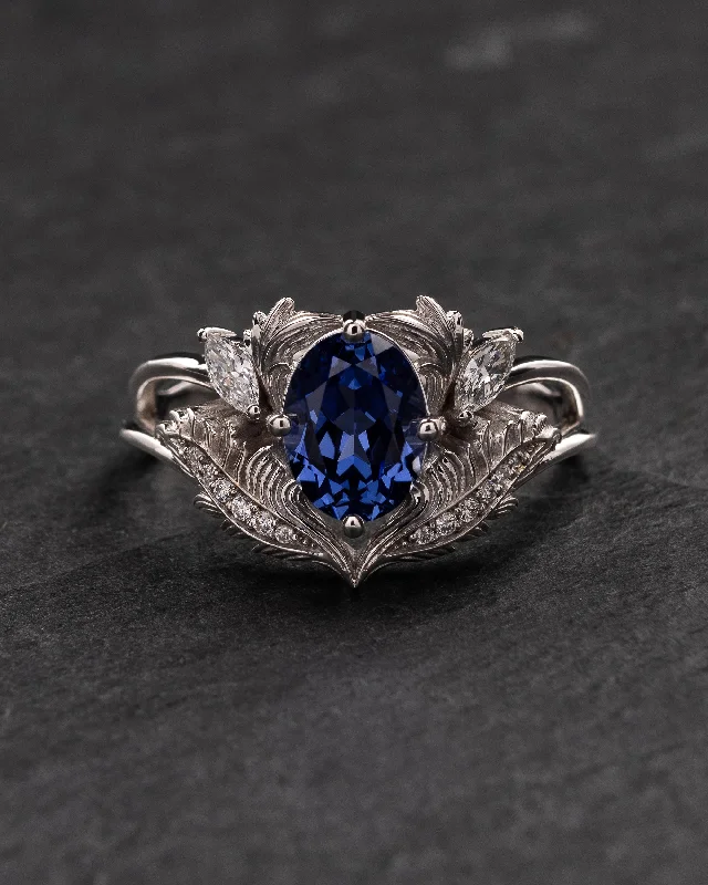 Royal blue lab sapphire engagement ring with diamonds / Adonis