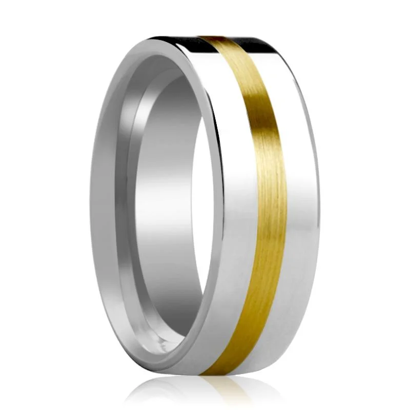 oval diamond engagement rings for women-HARRISBURG | Silver Tungsten Ring, 14k Yellow Gold Stripe Inlay, Flat