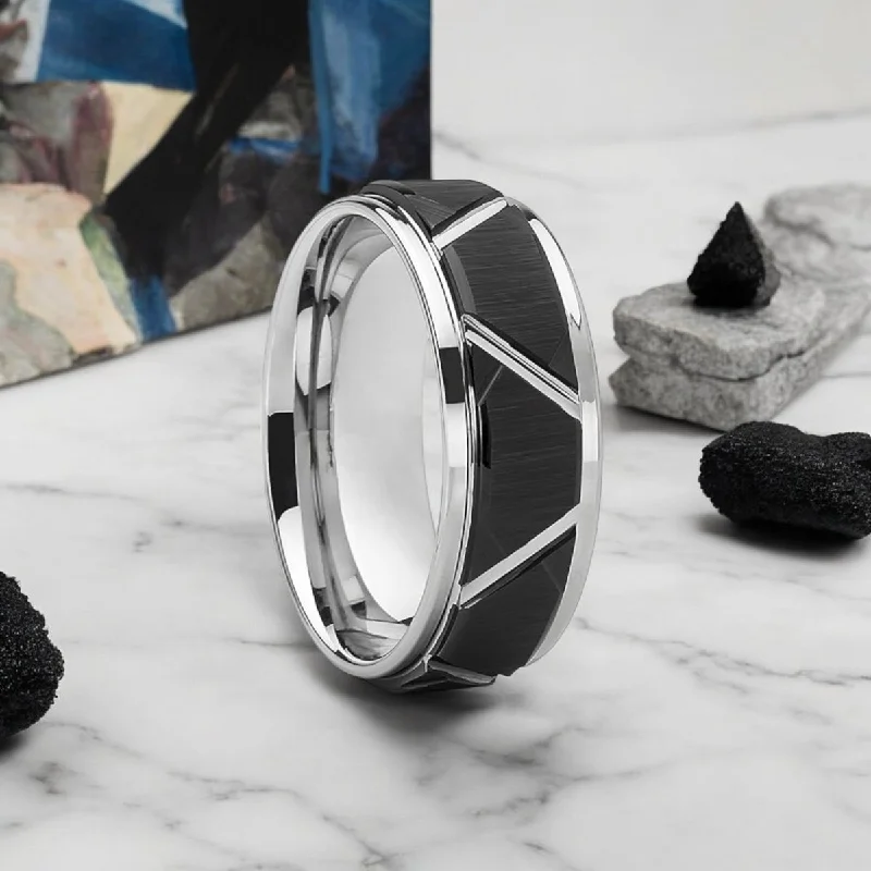 unique gemstone engagement rings for women-SILVERTROID | Silver Tungsten Ring, Black Trapezoid Design, Stepped Edge