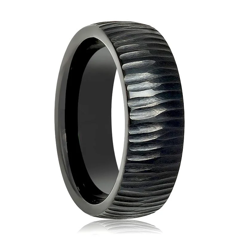 modern engagement rings for women-Tree Bark Carved Textured Finished Men's Black Tungsten Wedding Band - 8MM