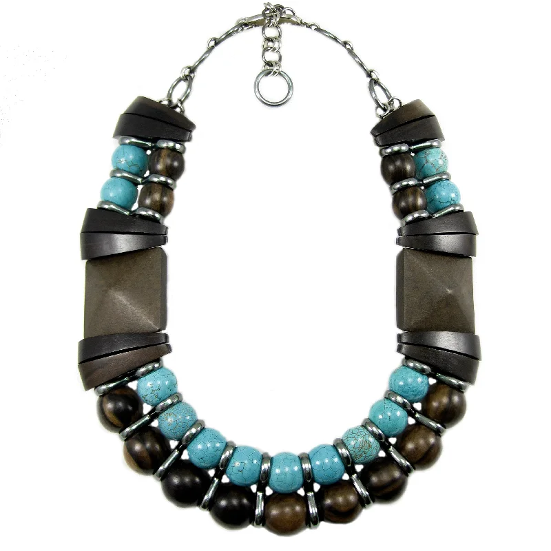 gemstone necklaces for women-#995n Ebony Wood, Turquoise & Gunmetal Bib Necklace