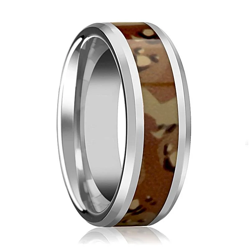 modern round engagement rings for women-Military Camo Ring - Men's Tungsten Wedding Band W/ Desert Camouflage Inlay and Bevels - 8MM