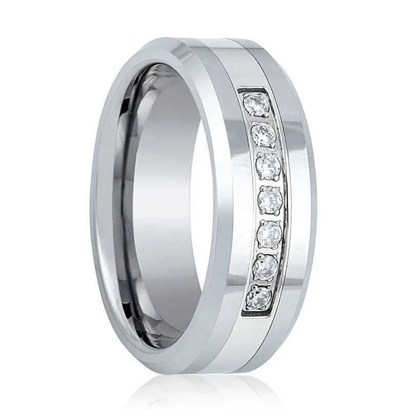 platinum engagement rings for women-CETUS | Silver Tungsten Ring, 7 White CZ Diamonds, Beveled