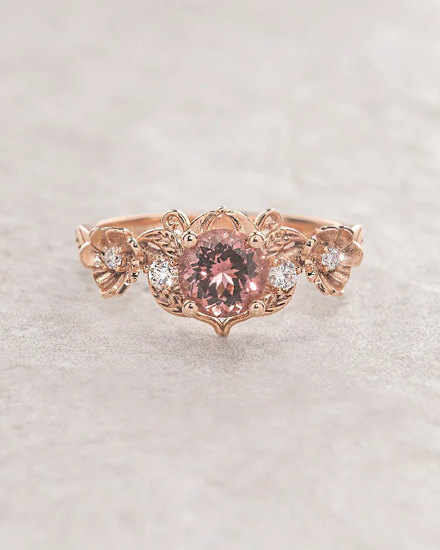 Juicy pink tourmaline engagement ring with golden flowers / Adelina