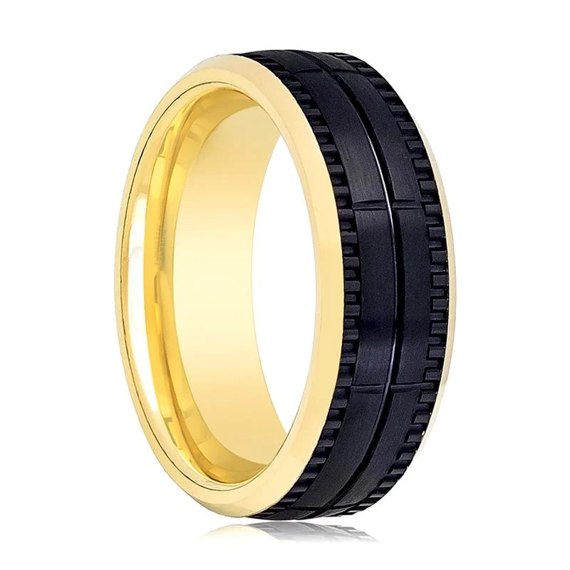 luxury platinum engagement rings for women-Yellow Gold Beveled Men's Black Tungsten Wedding Band with an inset Groove in Center and Block Center Pattern