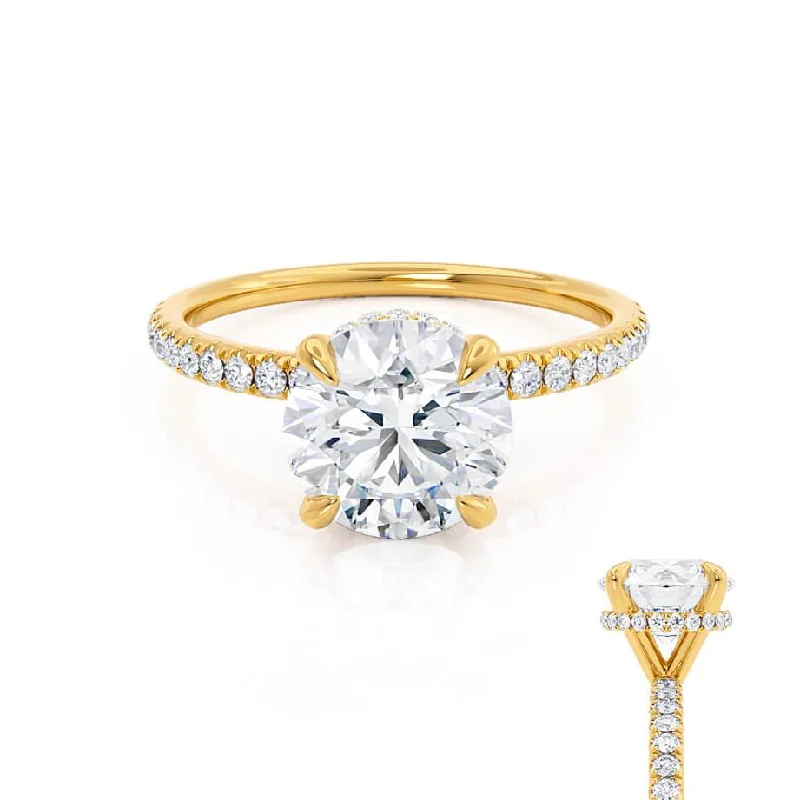 LIVELY - Ready to Ship 1.04ct Round Moissanite & Diamond 18k Yellow Gold Petite Hidden Halo Pavé Shoulder Set Ring