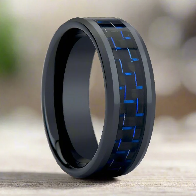 vintage gold engagement rings for women-HAWTHORN | Black Tungsten Ring, Blue Carbon Fiber Inlay, Beveled